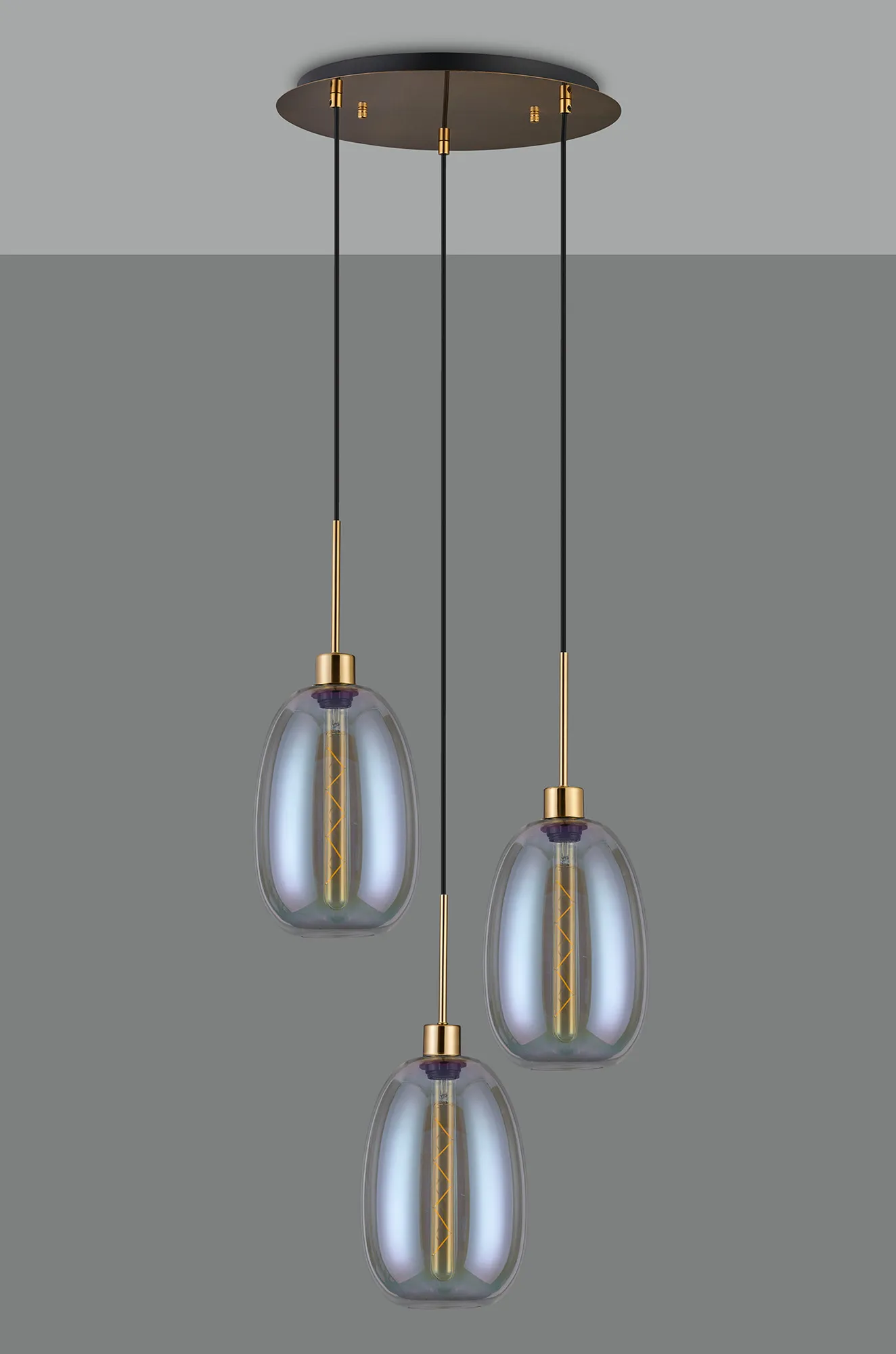 Lori 40cm Round Pendant, 3 Light Adjustable E27, Antique Gold/Iridescent Slim Curved Trapezium Shades DK1175  Deco Lori Antique Gold